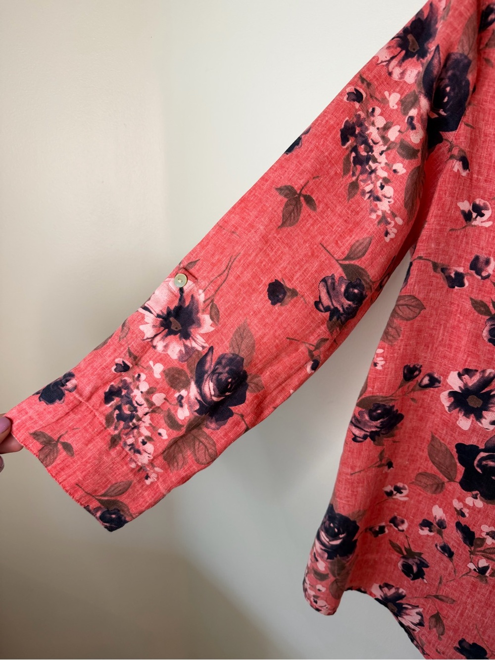 John Mark Coral Floral Band-Collar Tunic Top Linen Pink coral 3/4 sleeve Medium - Picture 4 of 11